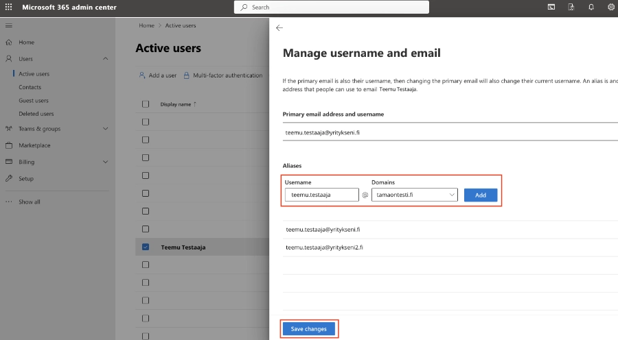 Microsoftin admin centerissä luo uusi Alias kohdassa Manage username and email. Näin saat luotua uuden sähköpostin uudelle verkkotunnuksellesi.
