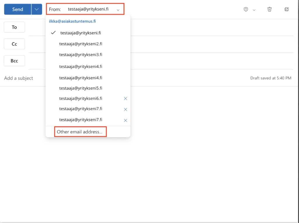 Kun käytät uutta verkkotunnustasi Outlookissa ensimmäistä kertaa, lisää lähettäjä manuaalisesti 'From' kentässä ja kohdasssa 'Other email address...'