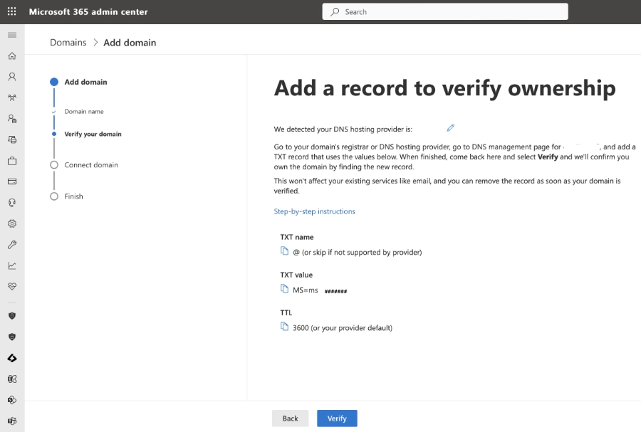 Kopioi TXT-tietueet Microsoftin admin centeristä itsellesi ylös.