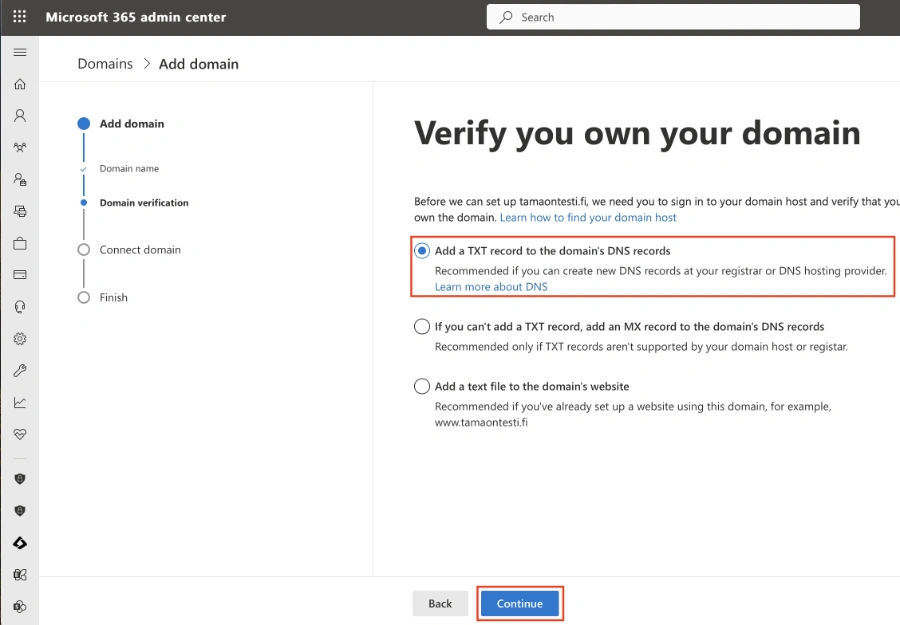 Vahvistat domainisi Microsoftin palveluihin lisäämällä nk. TXT-tietueen webhotelliisi.