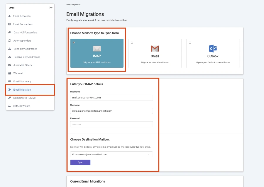 Sähköpostin siirtäminen SnartSmart webhotelliin.Klikkaa seuraavaksi Email Migration.