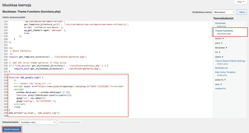 Google Analytics tag voidaan lisätä myös WordPressin functions.php -tiedostoon.