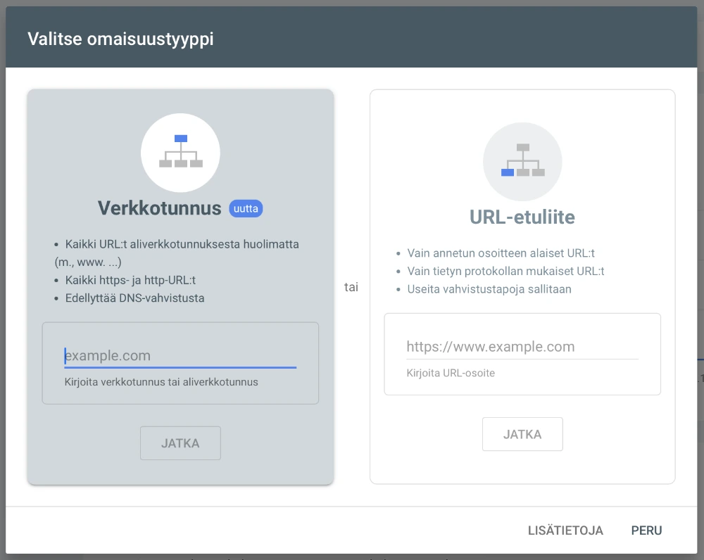 Voit liittää pääverkkotunnuksen tai pääverkkotunnuksen kaikkine alitunnuksineen Google Search Consoleen.