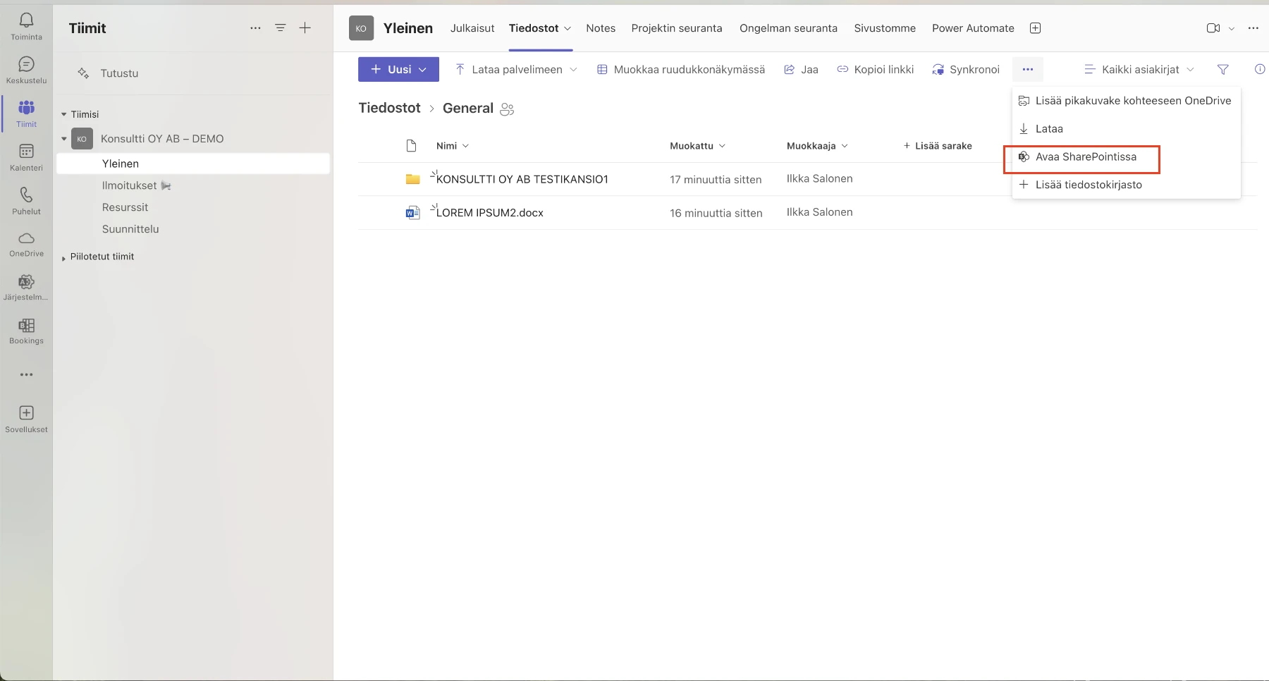 Löydät Teamsin OneDrive-synkronointiasetukset kohdasta Tiedostot ja Avaa SharePointissa.