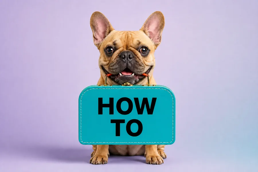 Koira pitelee HOW TO -kylttiä vaalealla tasapainotetulla bränditaustalla.